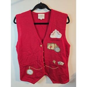 Vintage 90's Susan Bristol Wool Knit Sweater Vest Medium Suitcase Watch Eclectic